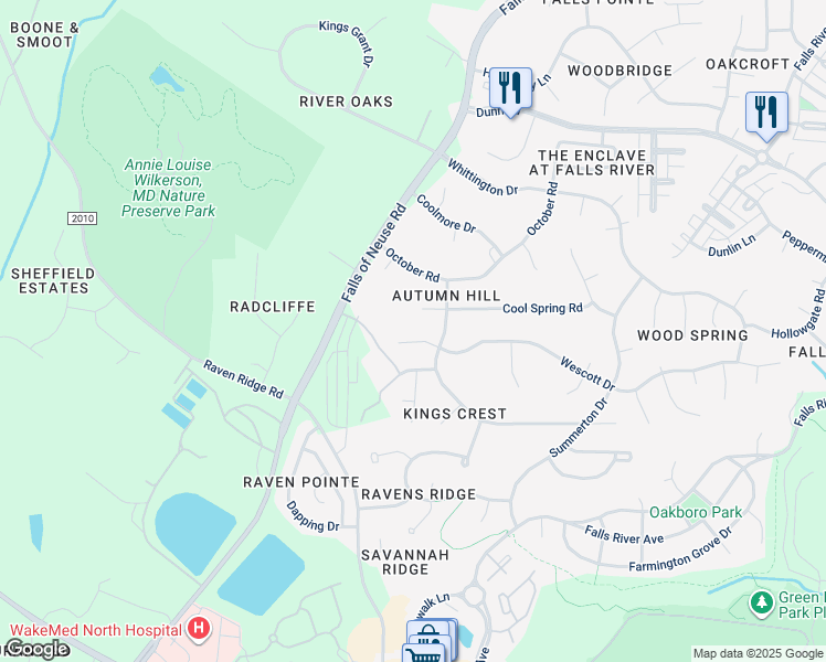 map of restaurants, bars, coffee shops, grocery stores, and more near 1313 Wescott Drive in Raleigh