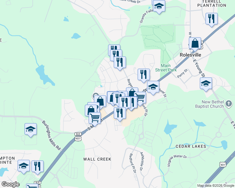 map of restaurants, bars, coffee shops, grocery stores, and more near 1006 Grand Ridge Drive in Rolesville