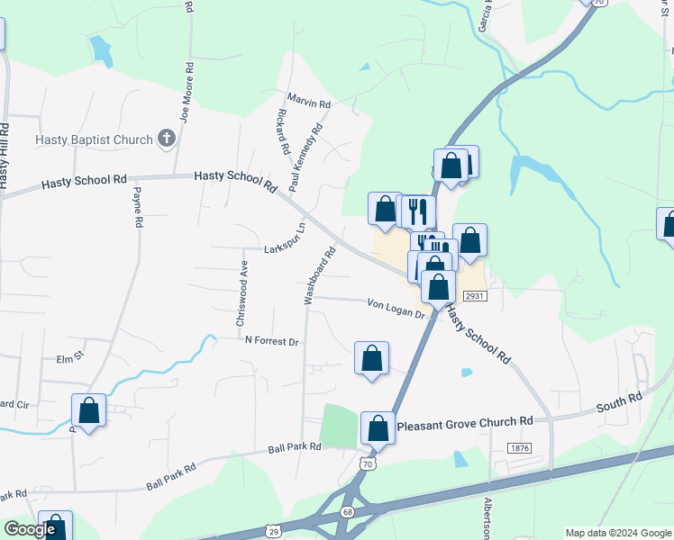 map of restaurants, bars, coffee shops, grocery stores, and more near 22 Emily Court in Thomasville