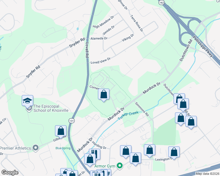 map of restaurants, bars, coffee shops, grocery stores, and more near 875 Cornerstone Drive in Knoxville