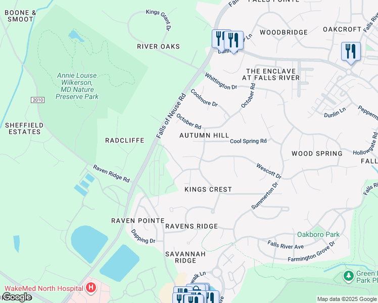 map of restaurants, bars, coffee shops, grocery stores, and more near 1313 Wescott Drive in Raleigh