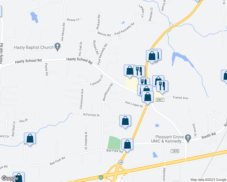 map of restaurants, bars, coffee shops, grocery stores, and more near 22 Emily Court in Thomasville