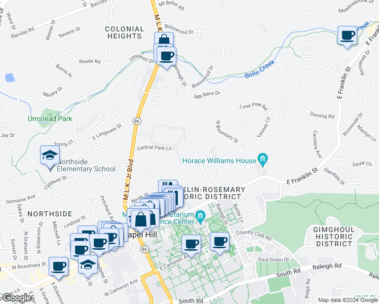 map of restaurants, bars, coffee shops, grocery stores, and more near 413 Hillsborough Street in Chapel Hill