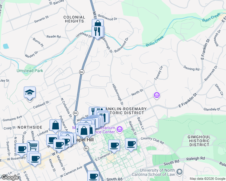 map of restaurants, bars, coffee shops, grocery stores, and more near 413A Hillsborough Street in Chapel Hill