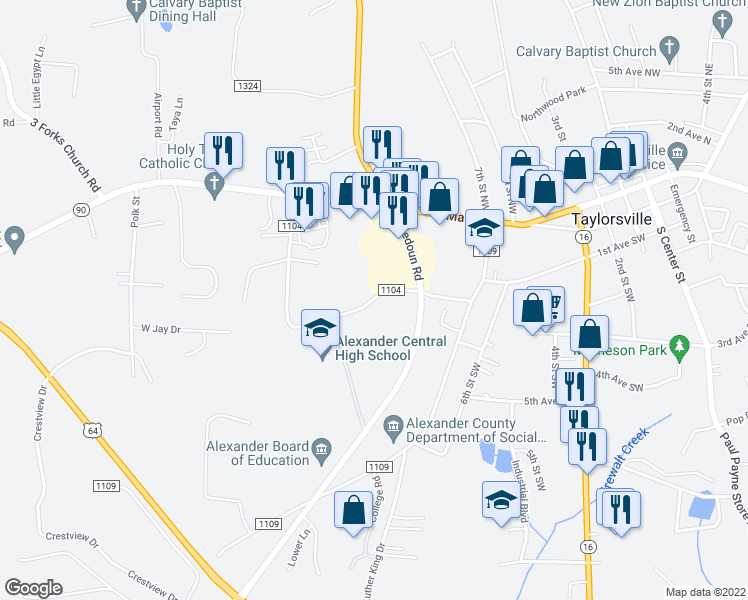 map of restaurants, bars, coffee shops, grocery stores, and more near School Drive in Township of Taylorsville