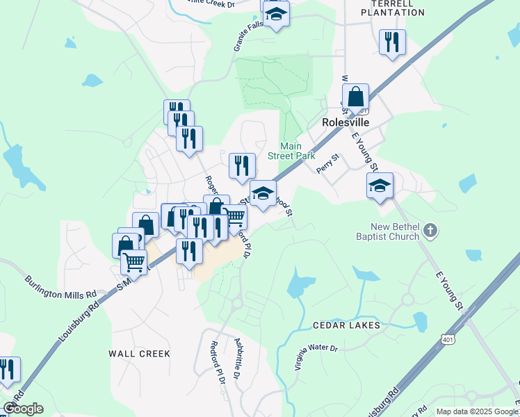 map of restaurants, bars, coffee shops, grocery stores, and more near East Young Street in Rolesville