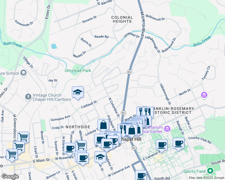 map of restaurants, bars, coffee shops, grocery stores, and more near 102 Stinson Street in Chapel Hill