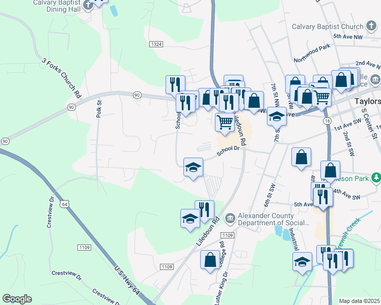 map of restaurants, bars, coffee shops, grocery stores, and more near 224 School Dr in Taylorsville