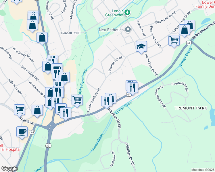 map of restaurants, bars, coffee shops, grocery stores, and more near 316 Lower Creek Drive Northeast in Lenoir
