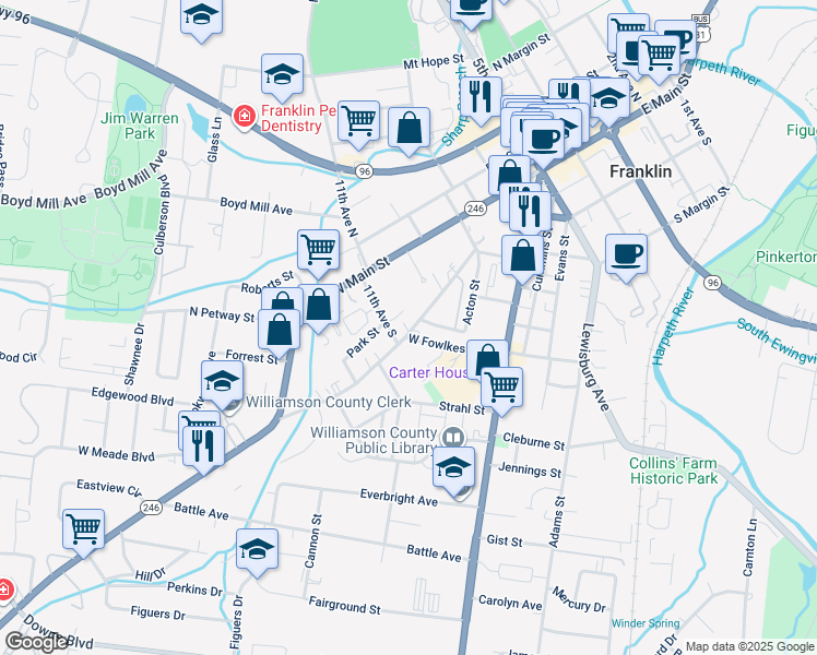 map of restaurants, bars, coffee shops, grocery stores, and more near 254 Natchez Street in Franklin