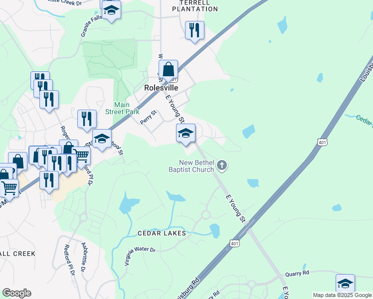 map of restaurants, bars, coffee shops, grocery stores, and more near in Rolesville