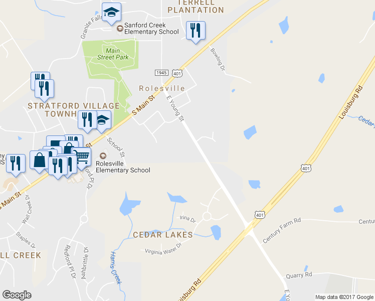map of restaurants, bars, coffee shops, grocery stores, and more near in Rolesville