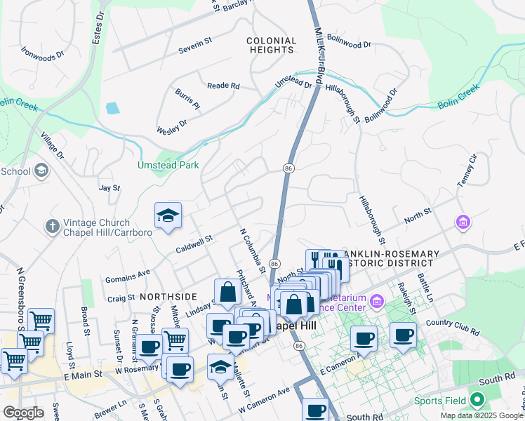 map of restaurants, bars, coffee shops, grocery stores, and more near 116 Isley Street in Chapel Hill