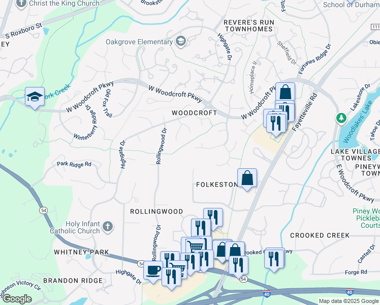 map of restaurants, bars, coffee shops, grocery stores, and more near 53 Westridge Drive in Durham