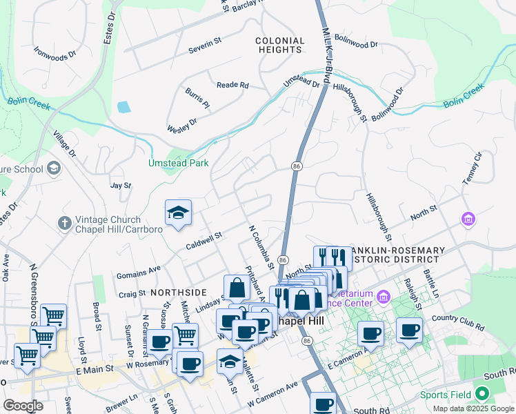 map of restaurants, bars, coffee shops, grocery stores, and more near 102 Stinson Street in Chapel Hill