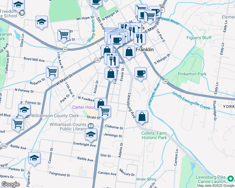 map of restaurants, bars, coffee shops, grocery stores, and more near 106 Buford Street in Franklin