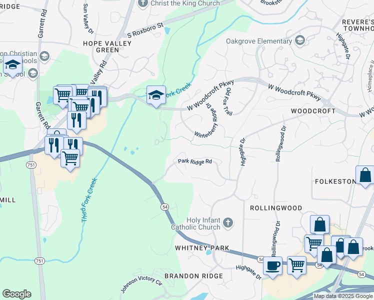 map of restaurants, bars, coffee shops, grocery stores, and more near 900B Park Ridge Road in Durham