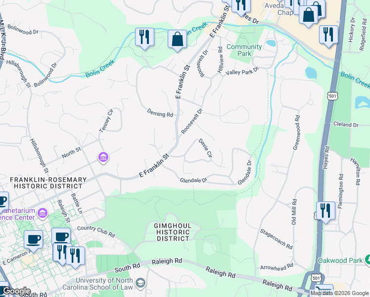 map of restaurants, bars, coffee shops, grocery stores, and more near 66 Davie Cir in Chapel Hill