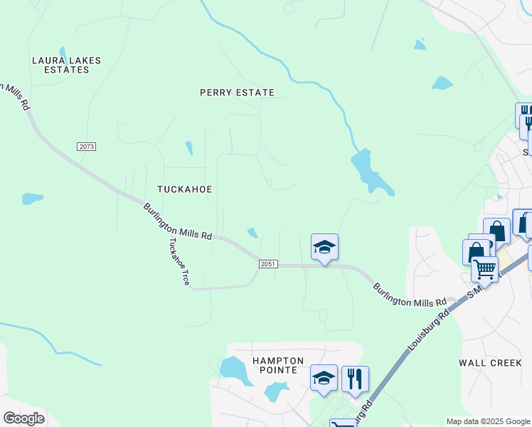 map of restaurants, bars, coffee shops, grocery stores, and more near 4509 Burlington Mills Road in Wake Forest