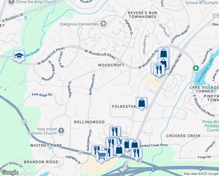 map of restaurants, bars, coffee shops, grocery stores, and more near 53 Westridge Drive in Durham