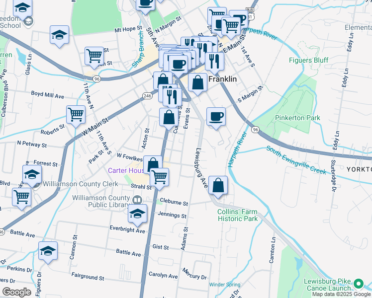map of restaurants, bars, coffee shops, grocery stores, and more near 913 Evans Street in Franklin