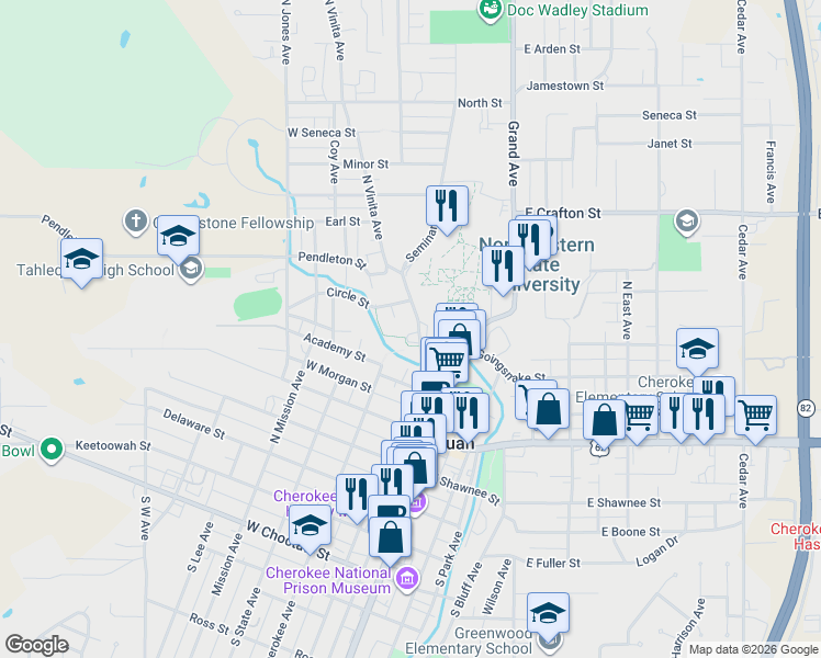 map of restaurants, bars, coffee shops, grocery stores, and more near 529 Seminary Avenue in Tahlequah