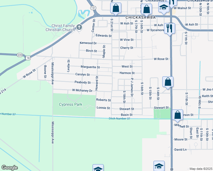 map of restaurants, bars, coffee shops, grocery stores, and more near 2105 Peabody Street in Blytheville