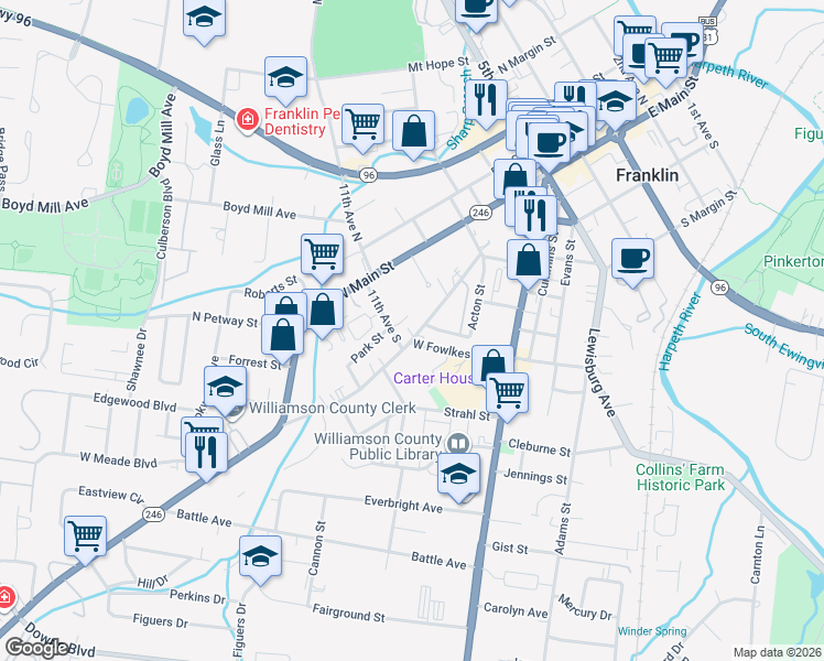 map of restaurants, bars, coffee shops, grocery stores, and more near 254 Natchez Street in Franklin