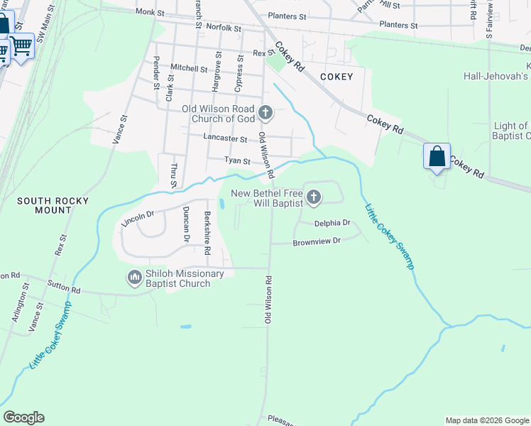 map of restaurants, bars, coffee shops, grocery stores, and more near 1824 Old Wilson Road in Rocky Mount