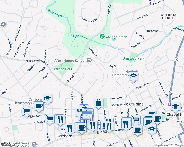 map of restaurants, bars, coffee shops, grocery stores, and more near 200 Crest Street in Carrboro