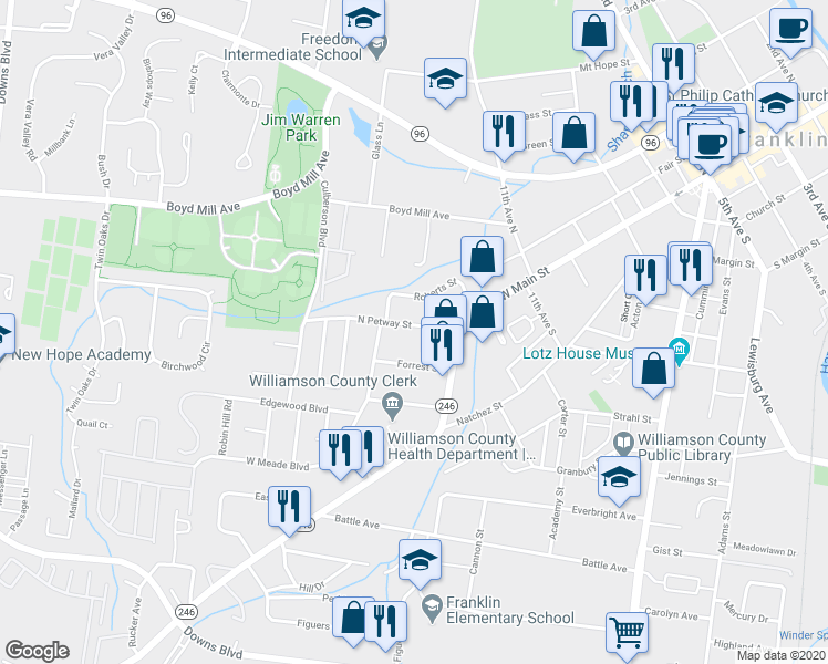map of restaurants, bars, coffee shops, grocery stores, and more near 417 North Petway Street in Franklin