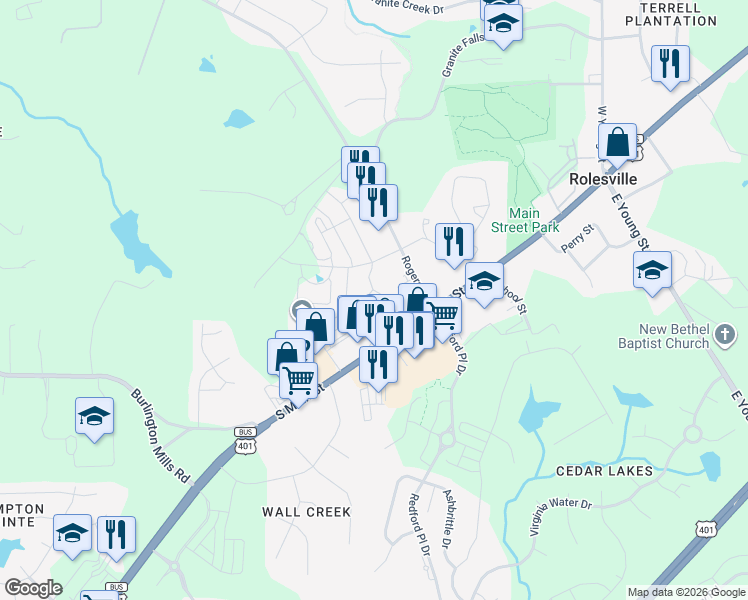 map of restaurants, bars, coffee shops, grocery stores, and more near 1006 Grand Ridge Drive in Rolesville