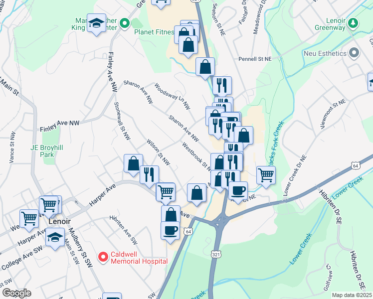 map of restaurants, bars, coffee shops, grocery stores, and more near 233 Westbrook Street Northwest in Lenoir