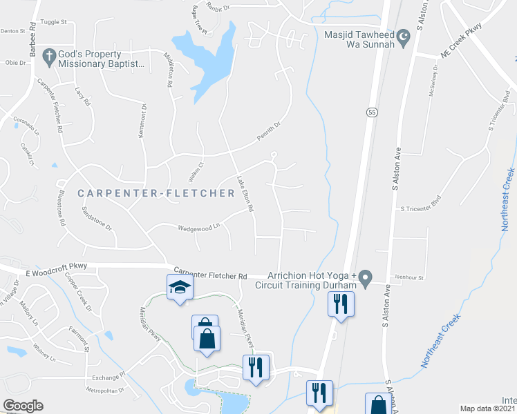 map of restaurants, bars, coffee shops, grocery stores, and more near 5719 Lake Elton Road in Durham