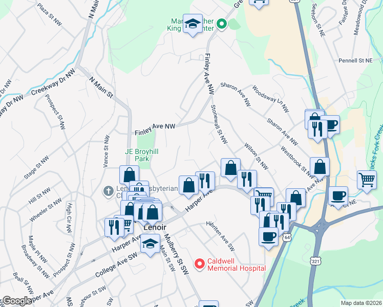 map of restaurants, bars, coffee shops, grocery stores, and more near 502 Healan Place Northwest in Lenoir