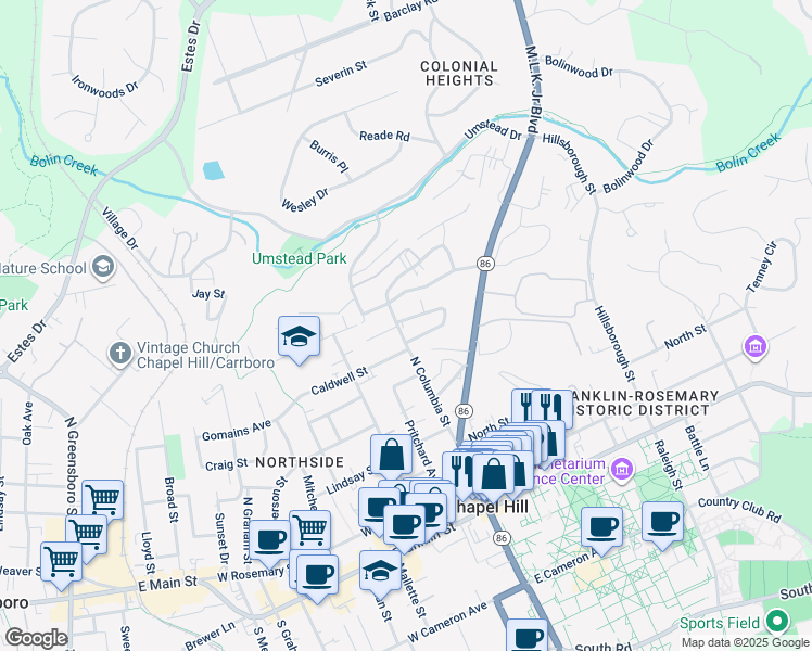map of restaurants, bars, coffee shops, grocery stores, and more near 100 Stinson Street in Chapel Hill