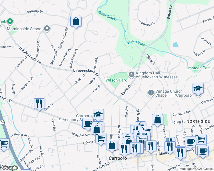 map of restaurants, bars, coffee shops, grocery stores, and more near 1102 North Greensboro Street in Carrboro