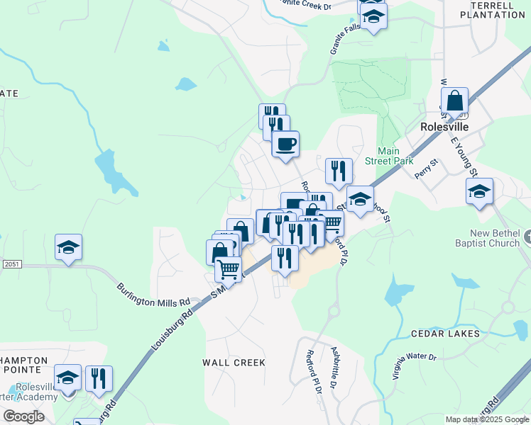 map of restaurants, bars, coffee shops, grocery stores, and more near 1006 Grand Ridge Drive in Rolesville