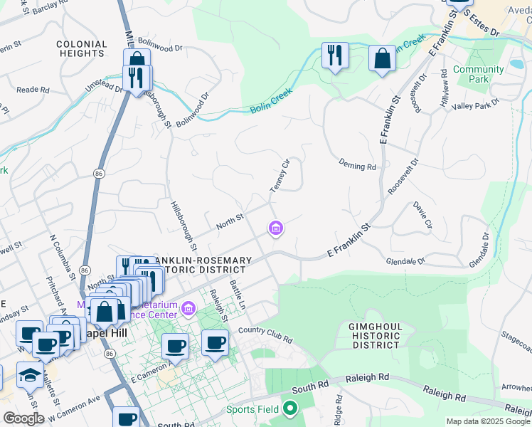 map of restaurants, bars, coffee shops, grocery stores, and more near 211 Glenburnie Street in Chapel Hill