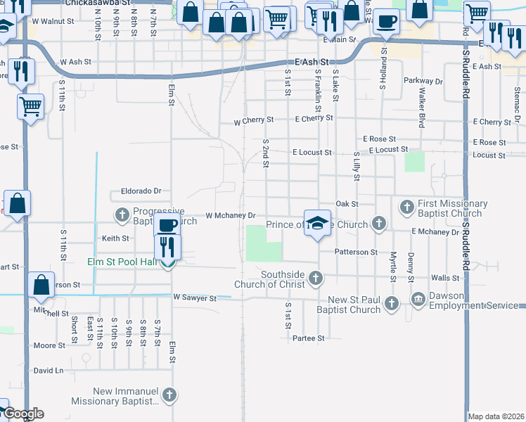 map of restaurants, bars, coffee shops, grocery stores, and more near 200 West Mchaney Drive in Blytheville