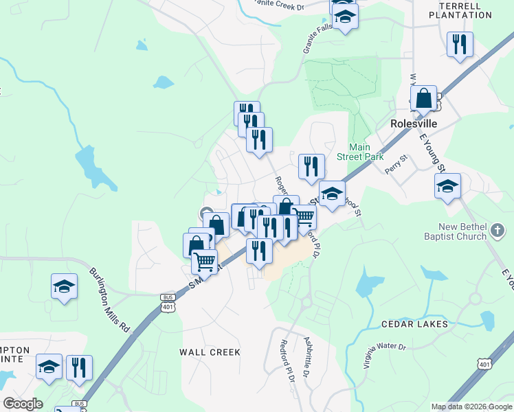 map of restaurants, bars, coffee shops, grocery stores, and more near 1006 Grand Ridge Drive in Rolesville