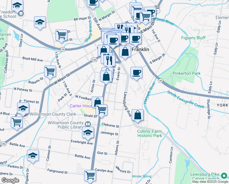 map of restaurants, bars, coffee shops, grocery stores, and more near 914 Evans Street in Franklin