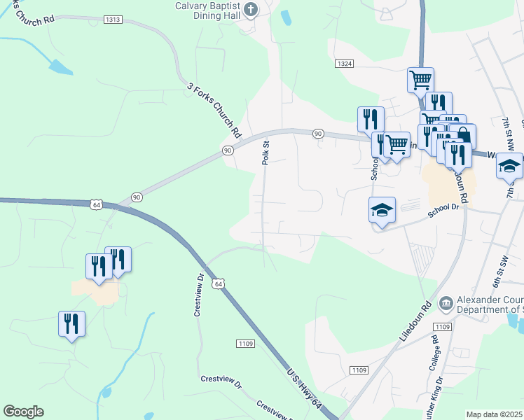 map of restaurants, bars, coffee shops, grocery stores, and more near 238 Polk Street in Township of Taylorsville