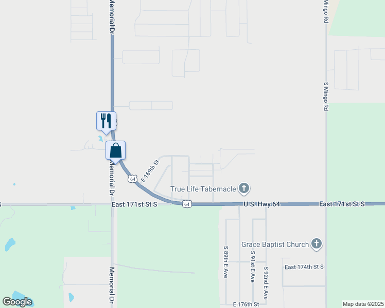 map of restaurants, bars, coffee shops, grocery stores, and more near 16903 South 87th East Avenue in Bixby