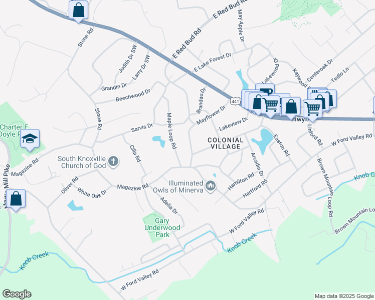 map of restaurants, bars, coffee shops, grocery stores, and more near 315 Mayflower Drive in Knoxville
