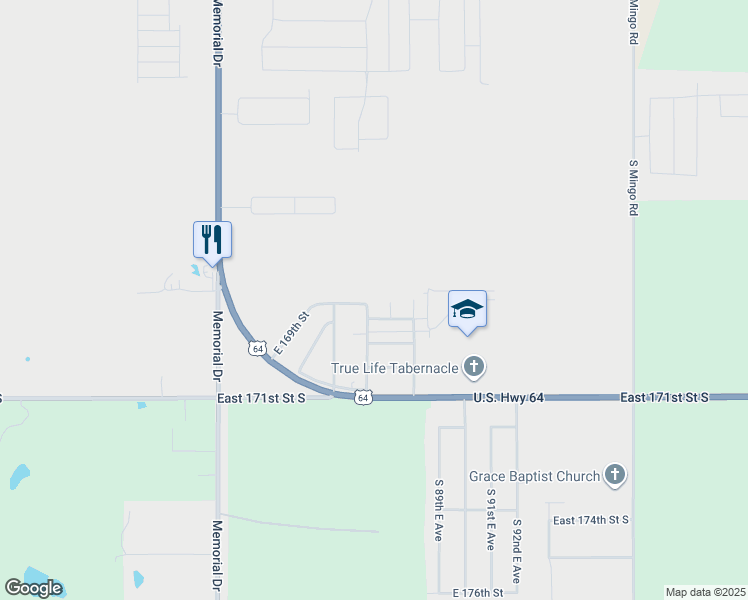 map of restaurants, bars, coffee shops, grocery stores, and more near 16903 South 87th East Avenue in Bixby