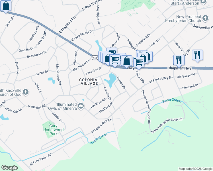 map of restaurants, bars, coffee shops, grocery stores, and more near 6004 Arcadia Drive in Knoxville