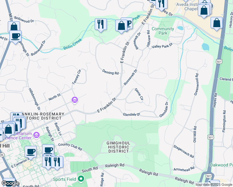 map of restaurants, bars, coffee shops, grocery stores, and more near 809 East Franklin Street in Chapel Hill