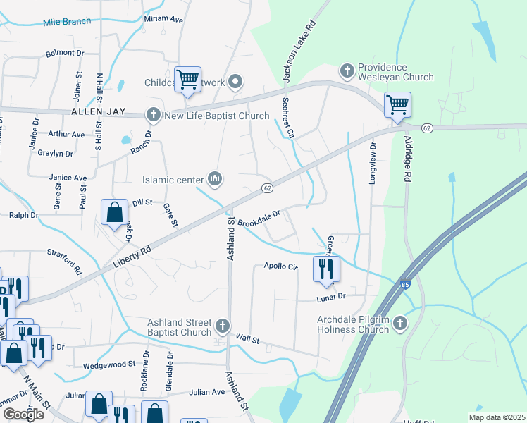 map of restaurants, bars, coffee shops, grocery stores, and more near 200 Brookdale Drive in High Point