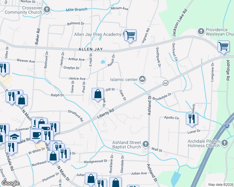 map of restaurants, bars, coffee shops, grocery stores, and more near 1210 Dill Street in High Point
